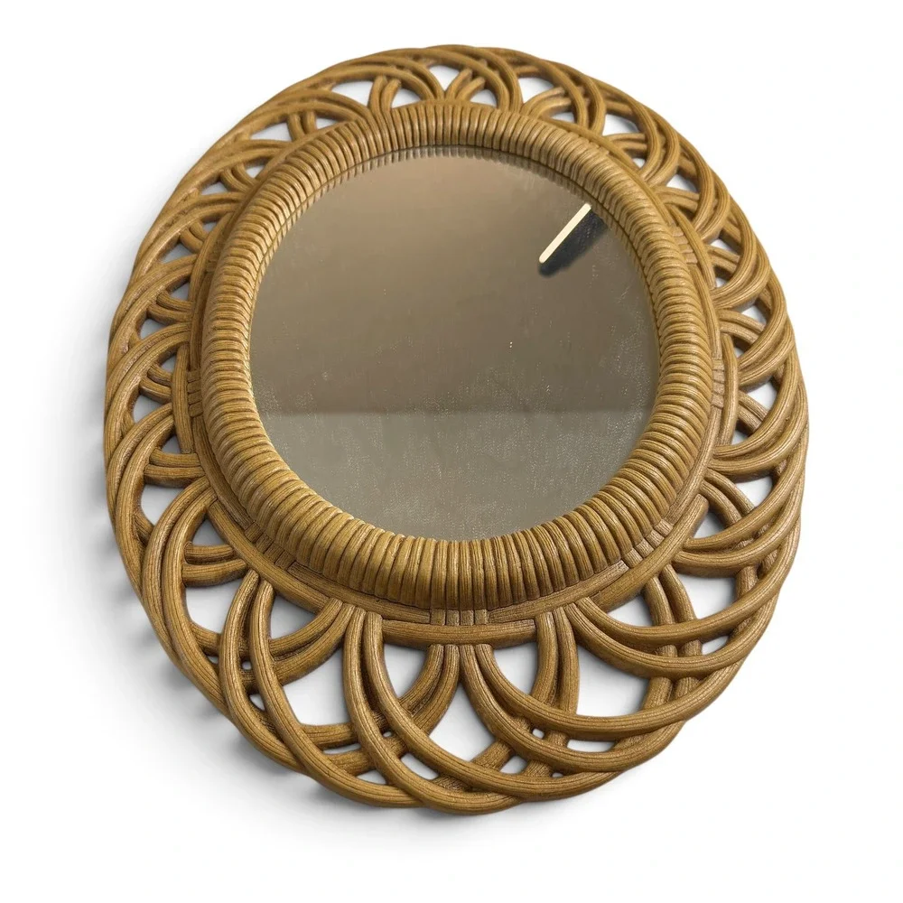 Vintage Burwood Faux Rattan Wicker Wall Mirror Shelf Planter Set 4pc Boho Tan
